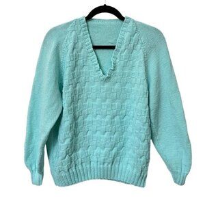 Vintage Handmade Knit Turquoise Woven Basket Weave V-neck Sweater